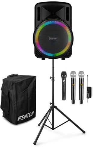 Fenton FT15LED MK2 Portable PA System with 3 Wireless Mics, Stand & Cover, 800W Battery Party Speaker, Bluetooth, Karaoke, Outdoor Events, Adults Karaoke System