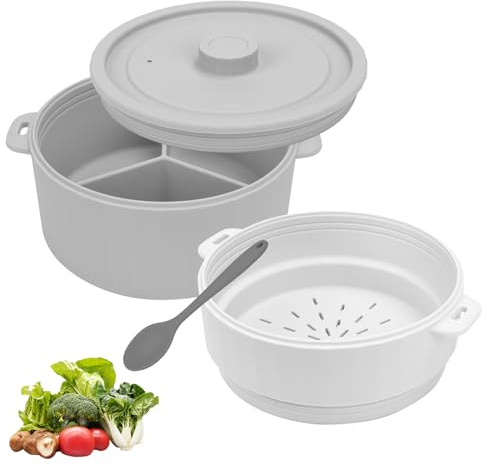 Gachiwar Ångkokare mikrovågsugn, ångkokare, silikon dubbla skikt multifunktionell, mikrovågsugn med lockångkorg, BPA-fri, för broccoli, ägg, dumplings (grå)