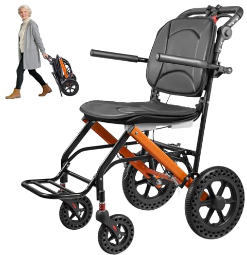 Transport Wheelchair Lightweight Foldable for Adults with Removable Cushion, Ergonomic Transfer Chair with 12-inch Rear Wheels for All Terrains, Travel Wheelchair, Orange