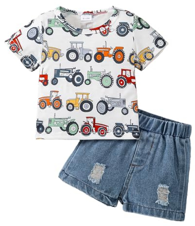 JENJON Ropa de Pequeños Bebé Niño Manga Corta Estampado Bonito Top+ Pantalones Cortos Vaqueros Rotos 2Pcs Conjunto Informal de Primavera y Verano