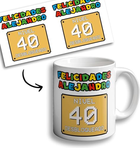 Taza PERSONALIZABLE regalo original cumpleaños | Personalízala con la edad y el nombre | Regalos Desayuno feliz cumpleaños (Felcidades, Nivel X desbloqueado (GAMER))