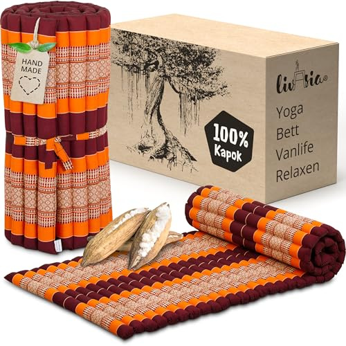 livasia Rollmatte Rollmatratze M schmal Einzelbett - 200x75x4,5cm - Gästebett Gästematratze 1 Person mit Muster, Reisebett Kofferraum Outdoor, Thaimatte Kapok Garten handgefertigt (Orange)