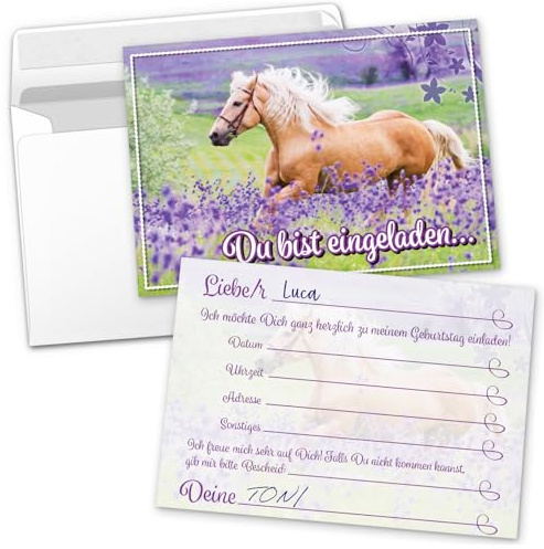 8 Einladungskarten Kindergeburtstag Pferd Reiten Ponyhof - für Kinder, Jungen, Mädchen, Party, Karte Geburtstag Einladung zum Ausfüllen mit Umschlägen