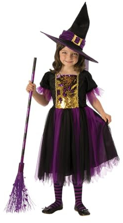 Rubies Disfraz Bruja Mágica para niñas, Vestido dorado y morado con sombrero, Oficial Halloween, Carnaval y Navidad
