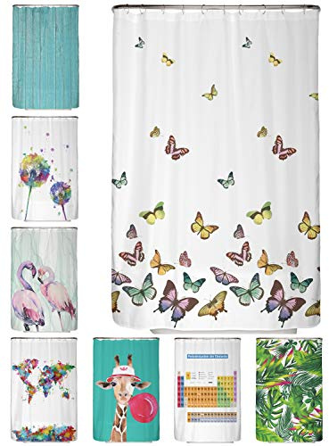 arteneur Anti-Schimmel Duschvorhang 120x200 cm Schmetterlinge | Textil recycelt, OEKO-TEX 100, 40°C Maschinenwäsche, blickdicht, wasserdicht, beschwerter Saum, mit 8 recycelten Ringen