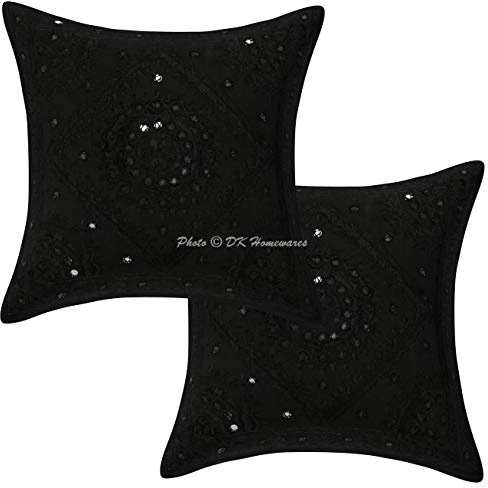 DK Homewares Bomull Dekorativ Indisk Boho Kuddfodral 40 x 40 cm Svart Speglad Broderad Dekorativ Prydnadskudde Fodral 40 x 40 cm Kvadratisk Soffa Kuddfodral (Set med 2)