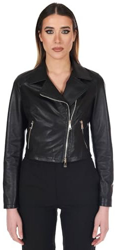 D'Arienzo Giacca in Pelle Donna Chiodo Biker Nero Giacca Corta Vera Pelle Made in Italy Alice Nero/M