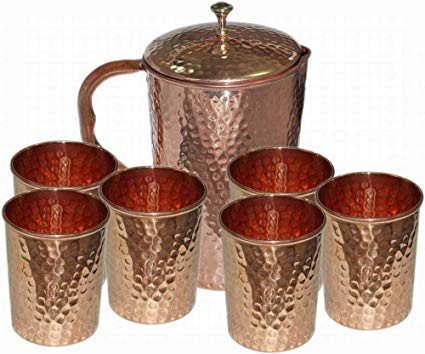 Pichet en cuivre pur martelé avec couvercle pour bienfaits pour la santé avec 6 verres à eau 1,5 L 1 carafe 6 verres