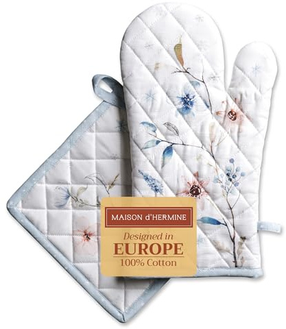Maison d' Hermine Ice Florals Ensemble de Gants de Cuisine 100% Coton (19cm x 33cm) et manique (20cm x 20cm) pour Barbecue, Cuisson, grillade, Micro-Ondes, Automne/Hiver