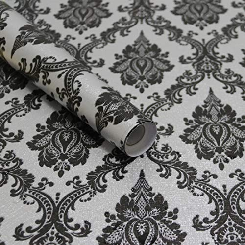 Micpolo 17.7 x 394 Black Peel and Stick Wallpaper Black Vintage Wall Paper for Bedroom Damask Contact Paper for Cabinet Furniture Removable Wallpaper Self Adhesive Vinyl Decorative Wall