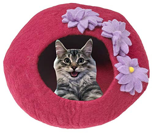 Luxus-Katzenbett, Limettengrün, Größe L, umweltfreundlich, 100 % Merinowolle, für Katzen und Kätzchen, Größe L, 45–48 cm, grüne Blume (kastanienbraun)