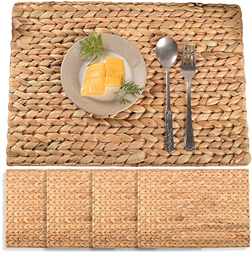 Water Hyacinth Rectangular Placemats Set of 4, 17 x 12 Inch Woven Rattan Table Mats for Dining Table, Heat Resistant Wicker Place Mats for Apartment Kitchen and Console Table, Boho Farmhouse Decor