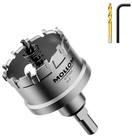 Mollom 2 (51mm) Hartmetall-Lochsäge Schwerlast mit 2 Zentrierbohrern | Industrielle Lochsägen zum Schneiden von Edelstahl, Baustahl, Eisen, Kupfer, Messing, Aluminium und Kunststoff