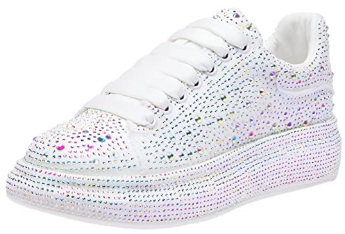 ANUFER Damer mode tjock sula sneakers gnistrande gradientfärger strass snören tvångsfria sportskor, Vit, 39.5 EU