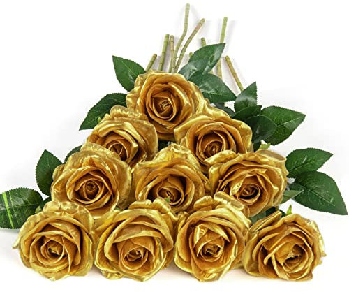DuHouse 10er Set Künstliche Rosen aus Seidenstoff – 54 cm Lange Stiele, Realistische Fake Blumen für Hochzeit, Brautstrauß, Party Tischdekoration & Haus Dekor(Gold)