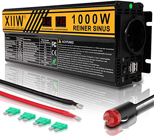 XIIW 1000W Spannungswandler Reiner Sinus-Auto-Wechselrichter 12V 230V LCD-Konverter Power Solar-Wechselrichter-Konverter Reiner Sinuswellen-Stromrichter mit Autoladegerät 2 x USB für Solarpanel-Auto-W