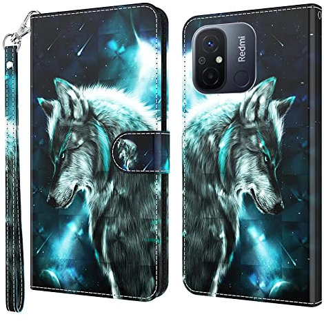 GLANDOTU Handyhülle für Xiaomi Redmi 12C / 12 C / 11A Lederhülle [Standfunktion] [Magnet] Stoßfeste Premium Flip PU Leder Cover Case Klapphülle Redmi 12C Schutzhülle -Wolf