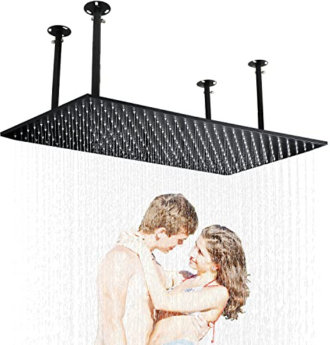 HOMEDEC Luxury Large Ceiling Rectangle Rainfall Shower Head, 16x32inch High Pressure Rain Showerhead with Silicone Nozzles Full Body Fixed Showerheads For Modern Bathroom, Black Finish