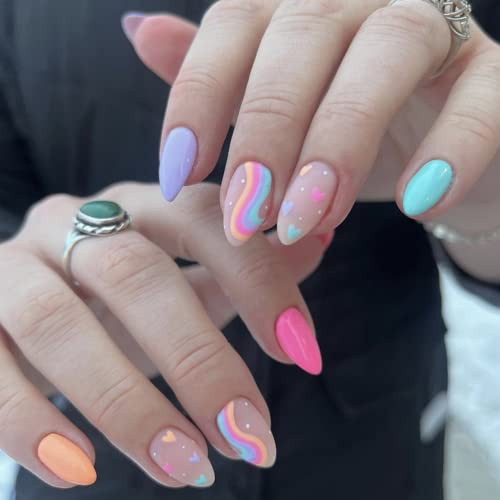 False Nails Medium Length, French Stick on Nails, 24pcs Almond Pink Press On Nail with Glue Elegant Ballet Heart Design Sweet Fake Nails for Women Girls DIY