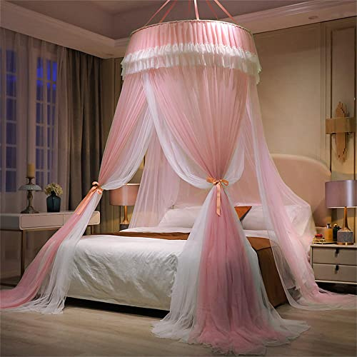 Surwin Moskitonetz Bett Baldachin, Doppelschicht Mückennetz Outdoor Reise, Kinder Rundes Netz Vorhang mit Spitze, Moskitonetz Betthimmel Hängendes Zuhause, Für Doppelbett Einzelbett (Rosa Weiß)