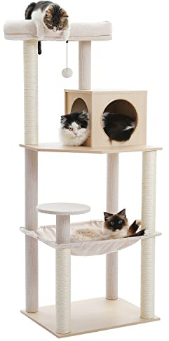 PAWZ Road Arbre à Chat en Bois Hauteur 143 cm, Tour de Jeux pour Chat Moderne avec 4 Griffoirs Sisal, 1 Condo Confortable, 1 Perchoir Doux, 2 Pompons & 1 Grand Hamac, Beige