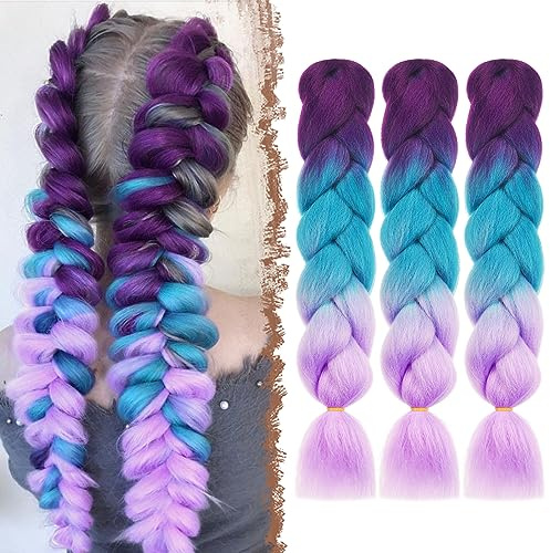 FESHFEN Treccia Africane Extension per Treccine Finta Capelli Viola/Blu | 3Pz 60 cm Sintetica Kanekalon Braiding Jumbo Twist Extensions per Donna, Facili da Applicare, Fai da Te Trecce Uncinetto