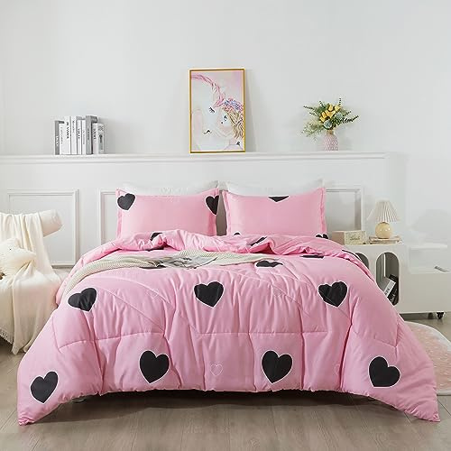 Caressma Girls Pink Comforter Set Twin Size - Blush Pink Cute Love Heart Print Comforter Bedding Set for All Seasons, Geometric Soft Microfiber Comforter Set with Pillowsham