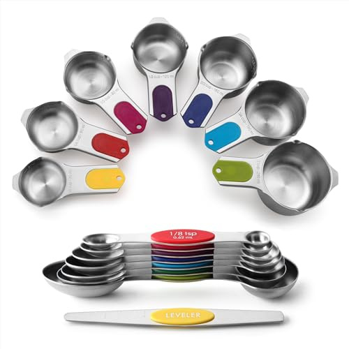Spring Chef Magnetic Measuring Cups & Spoons Set, Patented, Strong N45 Magnets, Heavy Duty Stainless Steel Fits in Spice Jars for Baking & Cooking, BPA Free, Set of 15 with Leveler, Multicolor
