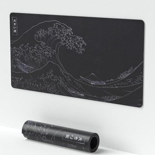 Große japanische Meereswelle, schwarze Anime-Schreibtischmatte, verlängerte, rutschfeste Tastatur-Mauspad, Kanagawa Büro-Schreibtischunterlage 59,9 x 30 cm, Gaming-Desktop-Schutz für Büro und Zuhause