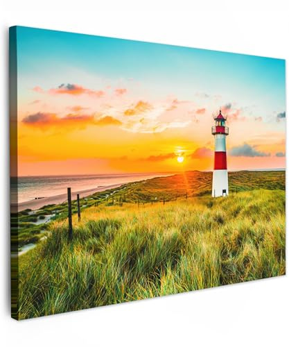 MuchoWow© Wandbilder Schlafzimmer Home Deko Wohnung Bild Wohnzimmer | 80x60 cm - Fotoleinwand Wand Bilder auf Leinwand Wall Decor Gemälde Wandbild Leuchtturm - Sonne - Gras - Strand - Meer - See