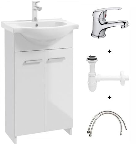 Deftrans Domodomo Armario de baño con lavabo, 85 x 45 x 26 cm, armario de cerámica blanco, armario de pie para baño pequeño (juego de grifo de lavabo + sifón)
