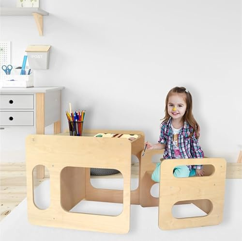 Pekiedo Tavolino Sedia Montessori Salvaspazio in Legno Betulla per Bambini, Giochi Educativi Montessoriani Studio Cameretta Banco Scuola