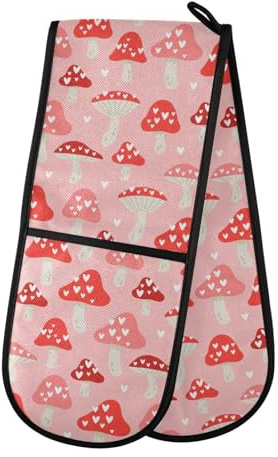 Gants de cuisine doubles en forme de champignon rouge en forme de cœur résistant à la chaleur pour barbecue, cuisson, grillades au micro-ondes