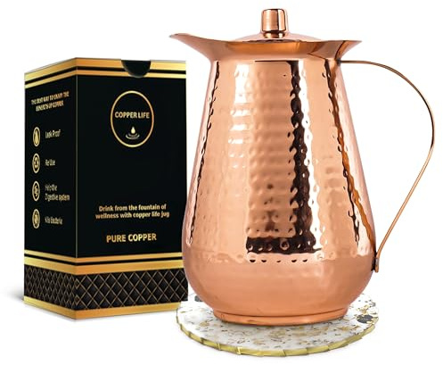 CL-CJ-01 Kupferkrug Wasserbecher, handgefertigt, gehämmert, großer Krug mit Deckel, 100 % reines Kupfer, ungefüttert, unbeschichtet, für Ayurveda-Gesundheitsvorteile, 200 ml, für Zuhause und als