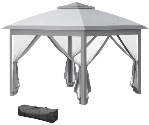Outsunny Carpa Plegable 3,3x3,3 m Pop-up Doble Techo Anti-UV Gris | Cenador de Jardín, Altura Ajustable 3 Niveles, 4 Mosquiteras Extraíbles, Bolsa Transporte, Impermeable para Exterior