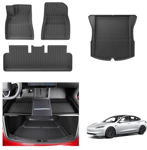 [4 stycken] GAFAT Ny Tesla Model 3 Highland 2024 2025 bagagemattor + golvmattor, TPE alla väder innermattor för bagageutrymme och golv, hög kant original 3D-kanna