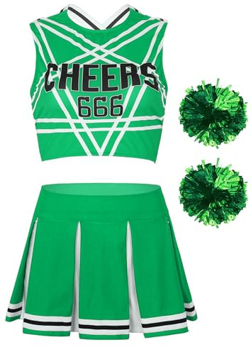 iiniim Damen Cheer Leader Cheerleading Kostüm 3tlg. Crop Tops mit Faltenrock Pompons Schulmädchen Uniform Cosplay Halloween Fasching Karneval Kostüm S-XXL Grün XL
