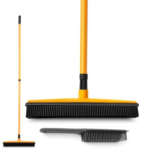 Rubber Broom for Pet Hair | Carpet Brush with Long Handle | Rubber Floor Brush for Carpets | Rugs & Hard Floors Indoor Outdoor Hair Remover Broom | Multi Surface Cleaning Brush
