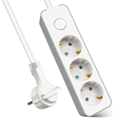 EXTRASTAR Flachstecker Steckdosenleiste 3 Fach mit Druckknopfschalter | Mehrfachsteckdose Flacher Stecker mit 5m Kabel & Kindersicherung 3G1.5mm² für Büro und Zuhause, Weiß + Grau