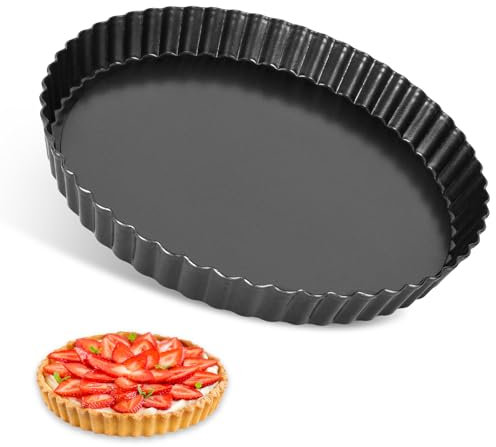 SEGNAYEN Molde para tartas, molde para quiche de 24 cm con base suelta, antiadherente, acanalado, redondo, para hornear, color negro