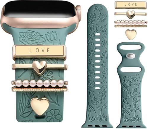 Bracelet Gravé de Fleurs avec Décorations Charmantes Compatible avec Apple Watch Bracelets 38mm 40mm 41mm 42mm 44mm 45mm 46mm, Bracelet en Silicone pour iWatch Séries Ultra SE 11 10 9 8 7 6 5 4