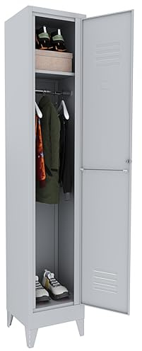 Bricozone Armadietto Spogliatoio Con Chiave 1 Anta Armadio Slim In Lamiera Di Acciaio 180 x 34 x 36 Cm Grigio Salvaspazio Ripiano Appendiabiti Porta Cartellino Per Interno Lavoro Piscina Casa