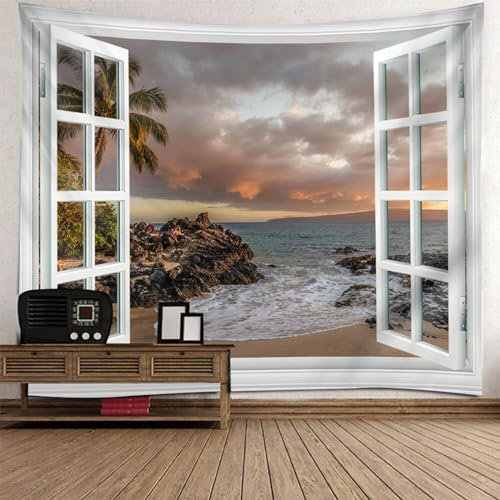 Lirzxin Wandtücher 200x200CM, Wandbehang Fenster Kokosnussbaum Strand Landschaft Grau Braun Wandteppich Tapisserie für Wohnzimmer Schlafzimmer Wohnheim Wanddeko