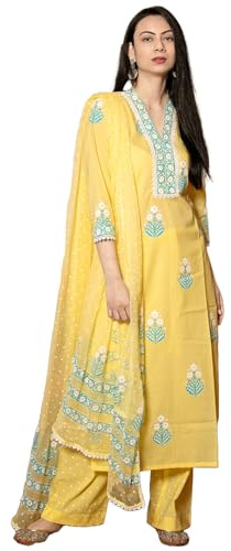 GoSriKi Kurta dritta da donna in rayon viscosa stampata con pantaloni e Dupatta, senape, L