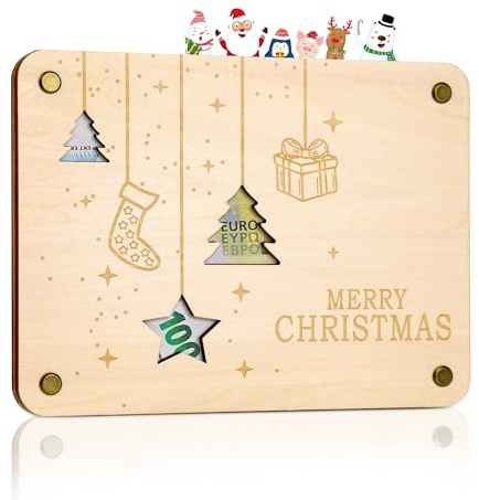 TAKULA Holz Geldgeschenk Weihnachten – Geschenkidee mit Frohe Weihnachten | Hochwertige Holz-Grußkarte. Kreative Geldgeschenk-Verpackung. Perfekt als originelles Geschenk zu Weihnachten.