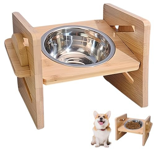 WIYETY Gamelle surélevée à 4 hauteurs : mangeoire en bois avec gamelle en acier inoxydable, mangeoire pour chien, gamelle réglable pour chiens de grande taille et moyenne