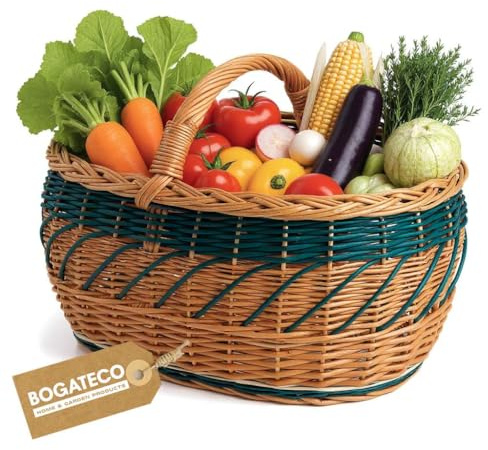 BOGATECO Cestino in vimini naturale con maniglia, grande cestino per la spesa 45 x 30 x 23 | tessuto a mano, disponibile in quattro colori | cesto portaoggetti, carrello | verde
