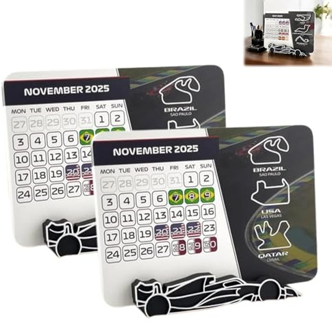 F1-Kalender 2025, Tischkalender 2025 mit F1-Autoständer, Formel-1-Rennkalender 2025 Tischdekoration, Renn-Tischkalender 2025, Geschenk für Motorsport-Fans 2PCS