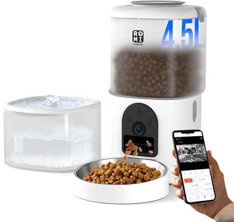 Romiromi 2in1 4.5L Automatic Cat Feeder with Camera and 2.5L Water Fountain,5G WiFi 1K FHD Video with Timer and APP Control,Smart Cat Food Dispenser for Dry Food,10 Meals Day,Pet Feeding Log Record