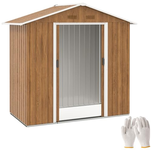 Outsunny 6.5 x 3.5ft Metal Garden Shed, Outdoor Storage Shed for Tool Organization with Double Sliding Doors and 4 Vents for Garden, Patio, Brown Wood Effect